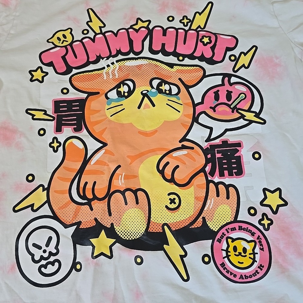 Very Cool Shirt Mens Large Pink Tye Dye ‎  Tummy Hurt Cat Graphice Anime Punk